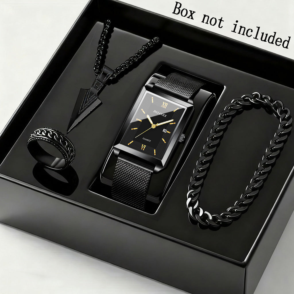 Rectangular Mesh-Band Watch with Necklace, Bracelet and Ring in a Three-Color Four-Piece Men's Set