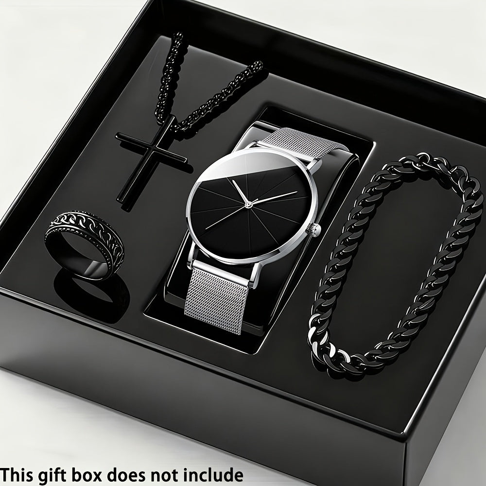 Watches and Bracelet 4-Piece Gift Set with Quartz Round Dials and 8 Silver, Rose or Black Options