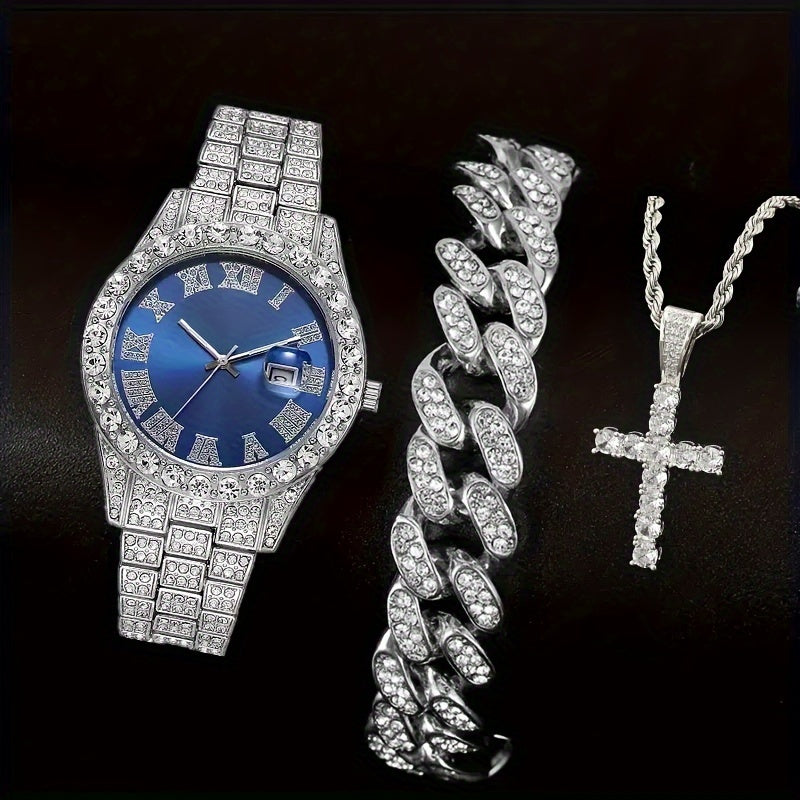 Jewelry Set with Watch – Men's Rhinestone Quartz Watch & Jewelry Set – 3pcs or 4pcs Bundle with Cross Necklace