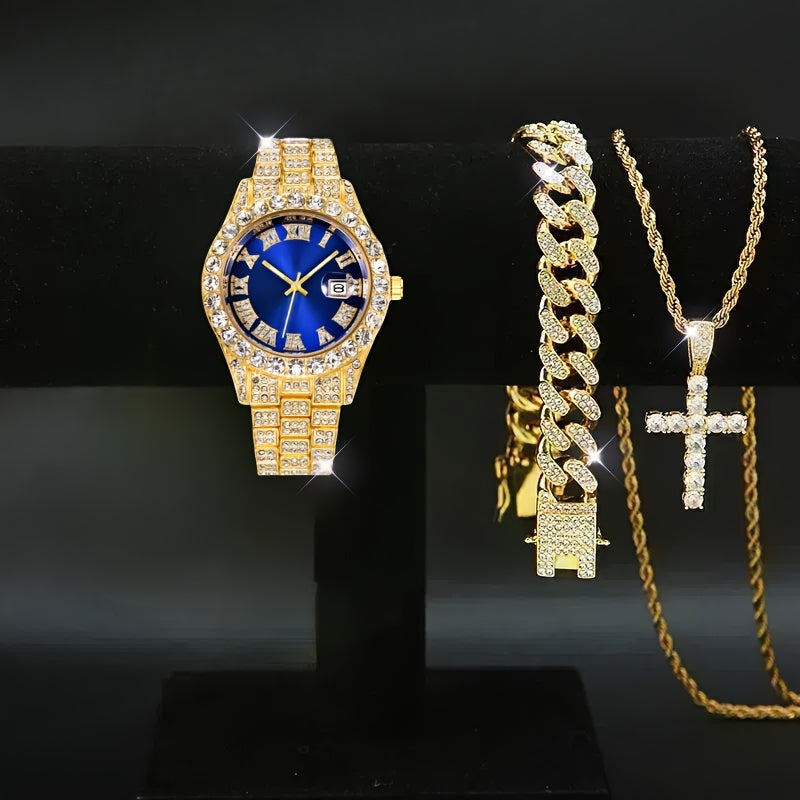 Jewelry Set with Watch - Men's Rhinestone Quartz & 3pcs or 4pcs Bundle with Cross Necklace & - product detail view 17
