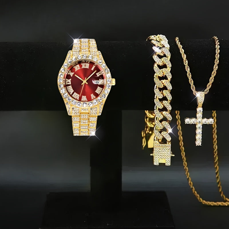 Jewelry Set with Watch - Men's Rhinestone Quartz & 3pcs or 4pcs Bundle with Cross Necklace & - product detail view 18