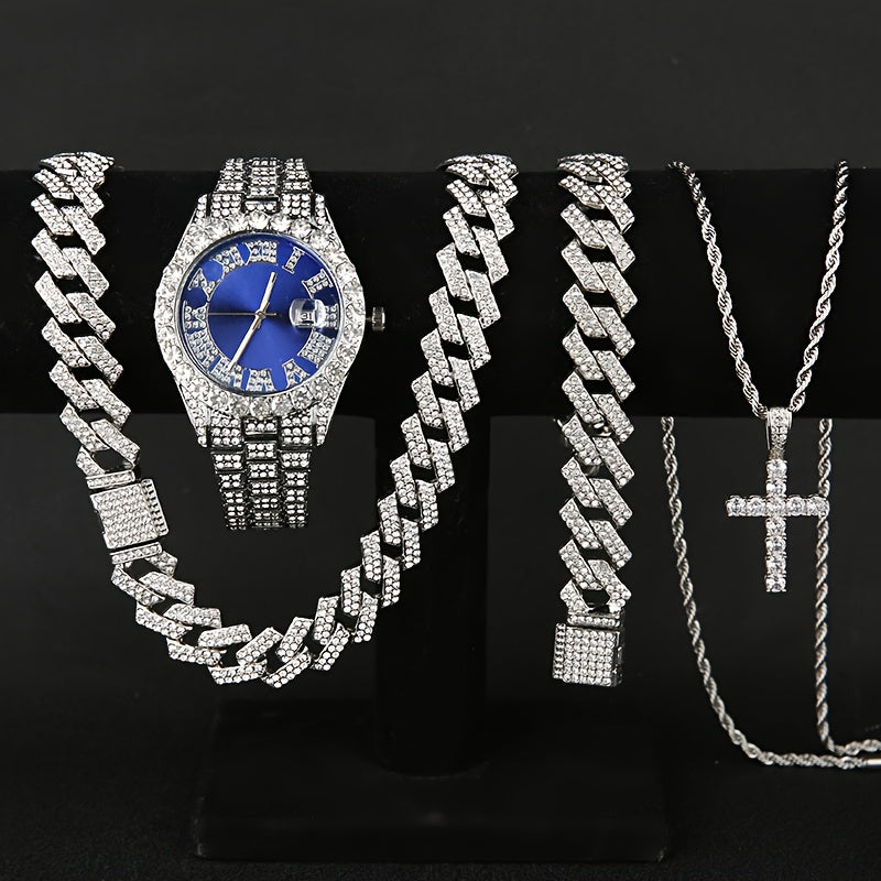 Jewelry Set with Watch - Men's Rhinestone Quartz & 3pcs or 4pcs Bundle with Cross Necklace & - product detail view 19