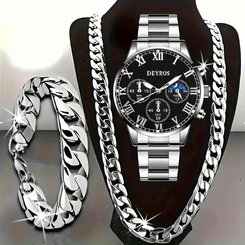 Jewelry Set with Watch – Stainless Steel Watch Set for Men 3pcs Business Chronograph Quartz Watch Necklace