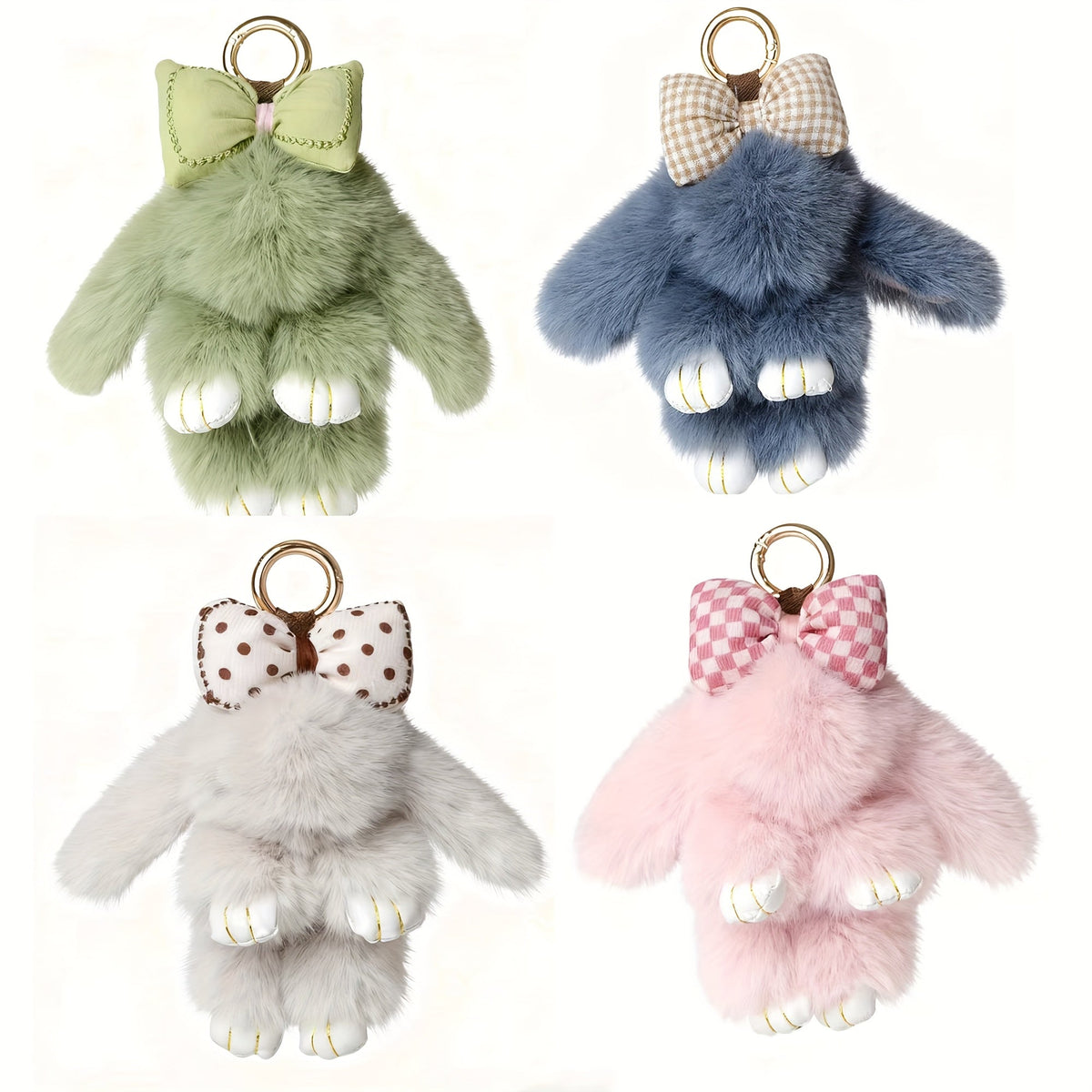 Keychain Set 4-Piece Plush Bunny Bag Charms with Bow Accents, Metal Rings and Four Pastel Color Options