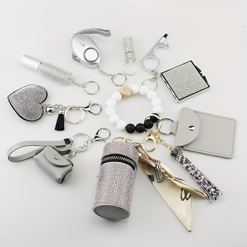 Keychain – Charm Set 11 Pcs – Light Up Perfume Bottle Heart Tassel Bag Charms with Card Holder, Cute Aesthetic