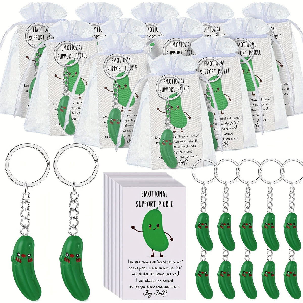 Keychain Set 25-Piece Cucumber Resin Charms with Printed Message Cards, Organza Pouches and Metal Rings