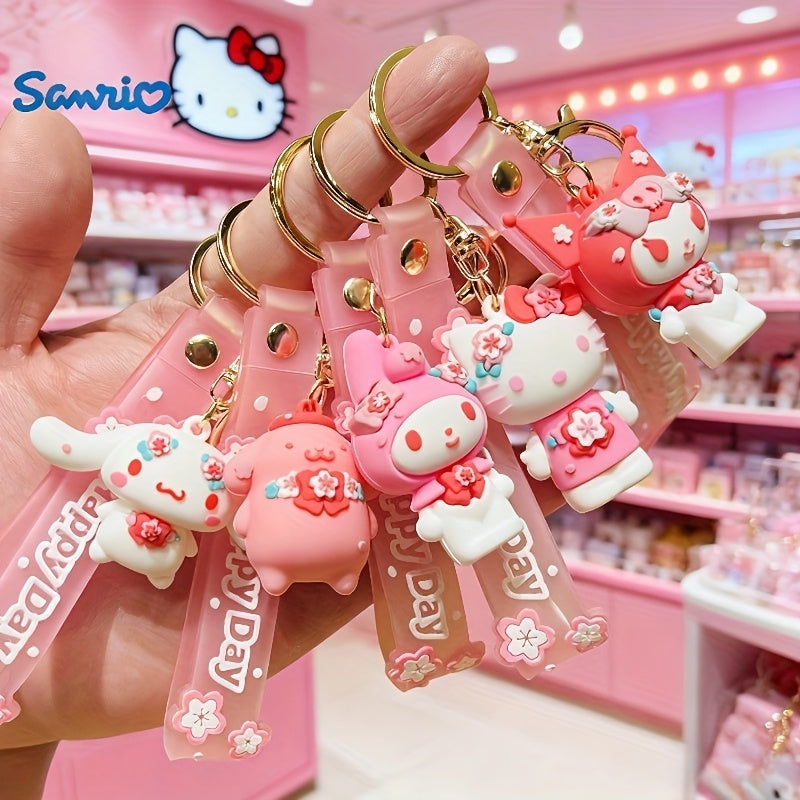 Keychain Set, Hello Kitty and Sanrio Cherry Blossom Character Charms with Wrist Straps and Rings, 5-Piece Pack