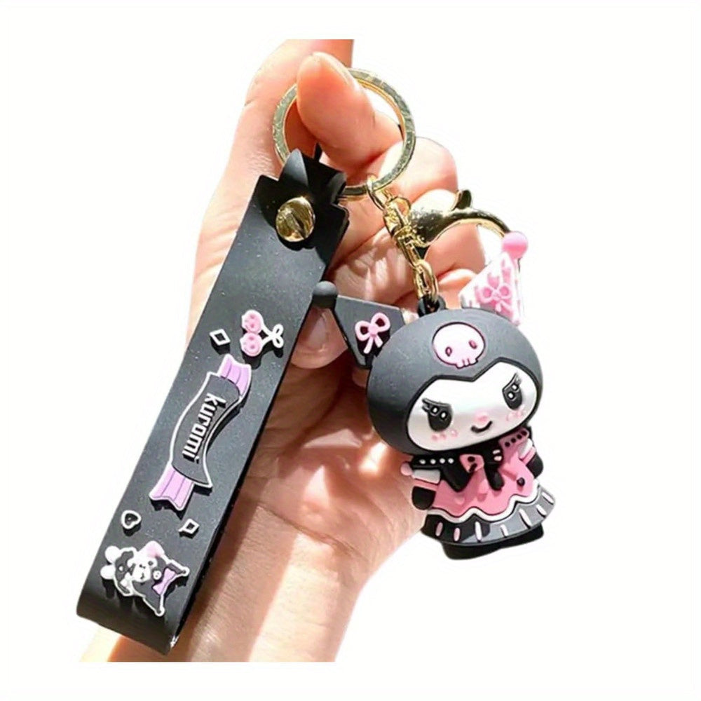 Keychain, Kuromi Sanrio Character Doll Charm with Wrist Strap, Split Rings and Tie or Little Bear Style Options
