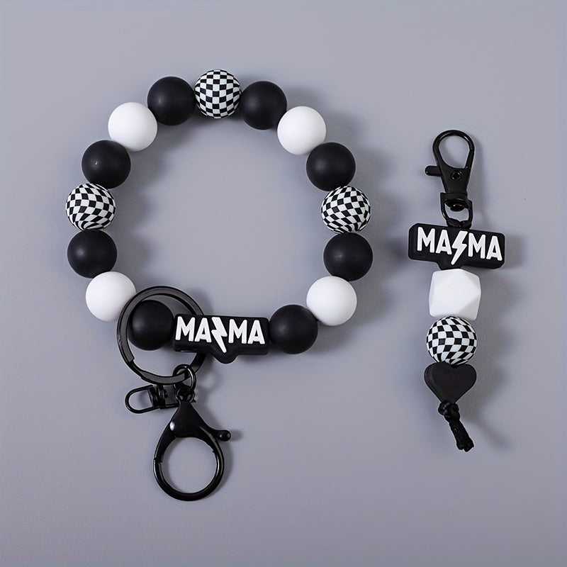 Black-and-White Beaded Wristlet Keychain Two-Piece Set with MAMA Charms, Checkered Beads and Metal Clasps