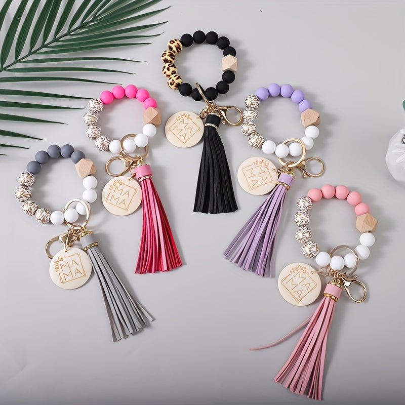 Five-Piece Beaded Wristlet Keychain Set with MAMA Pendants, Tassels and Gray, Red, Black, Purple and Pink Colors