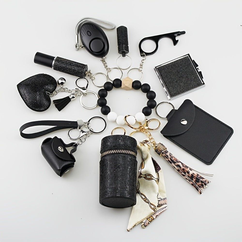 Keychain - Women's Safety Set 11 Piece | Personal Alarm, Door Lock, Mirror, Lipstick - product detail view 3