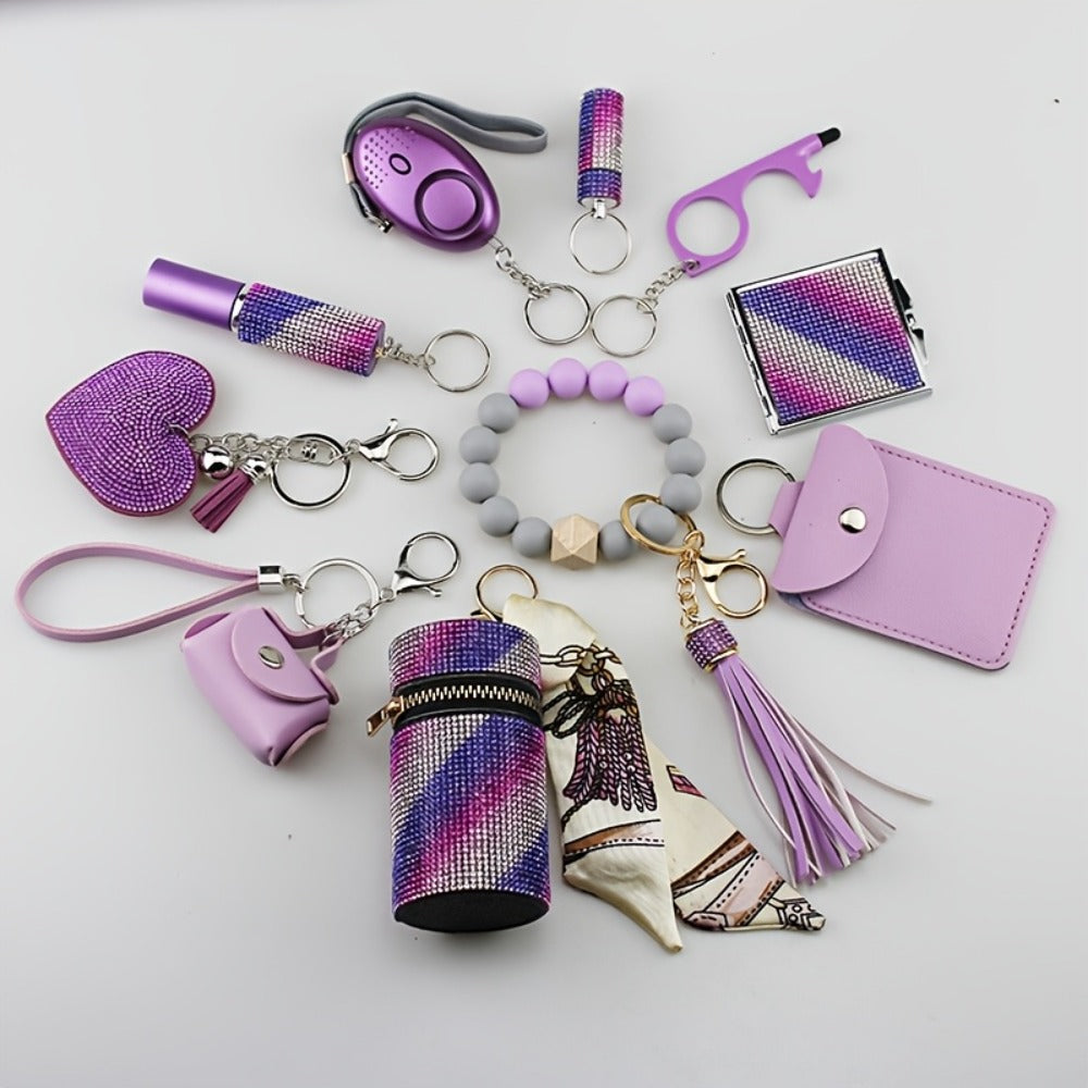 Keychain - Women's Safety Set 11 Piece | Personal Alarm, Door Lock, Mirror, Lipstick - product detail view 6