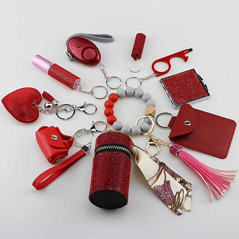 Keychain - Women's Safety Set 11 Piece, Personal Alarm, Door Lock, Mirror, Lipstick Case & More