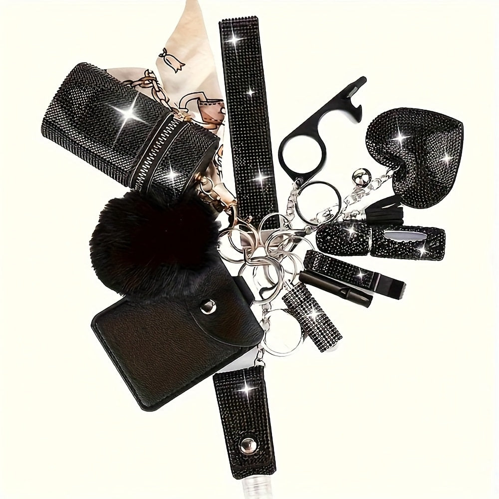 Keychain - Women's Set 11 Piece, Rhinestone Multifunctional Key Ring with Card Holder, Storage Bag