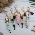 Keychain Set 5-Piece Western Cow Charm Bead Strands with Tassels, Split Rings and Mixed Neutral Colors
