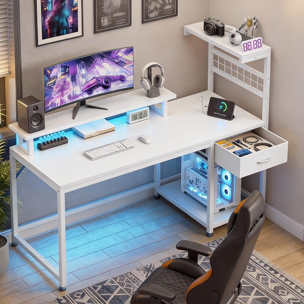 L-Shaped Computer Desk with Charging Station, PC Work Desk for Home Office