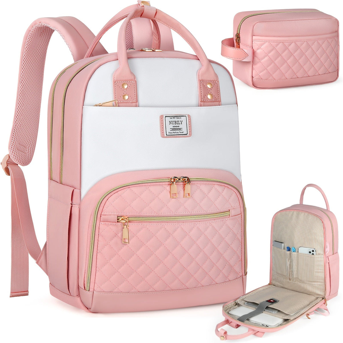 Laptop Backpack Two-Piece Set for 15.6-Inch Devices with Matching Purse and Pink Finish for Work and School