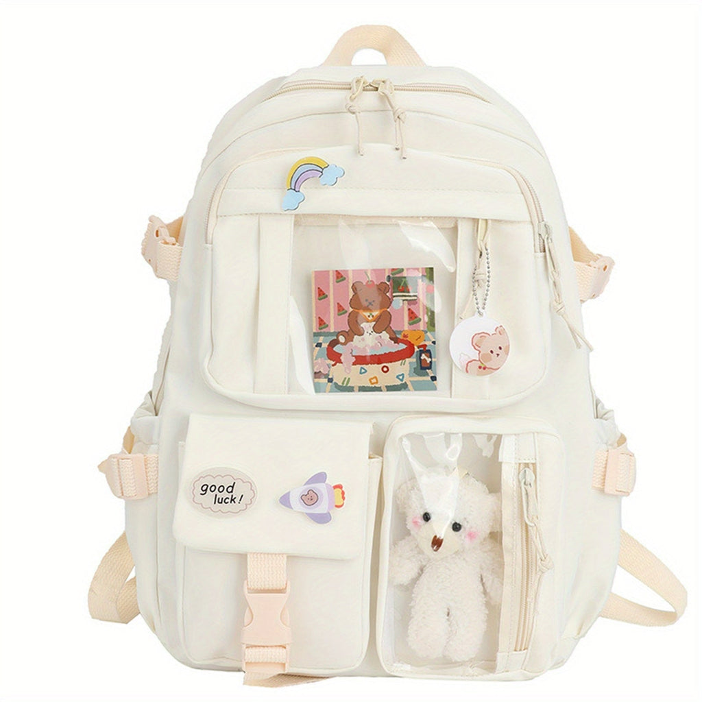 Laptop Backpack with Plush Pendant, Large-Capacity Pastel School Carry in Four Soft Colors
