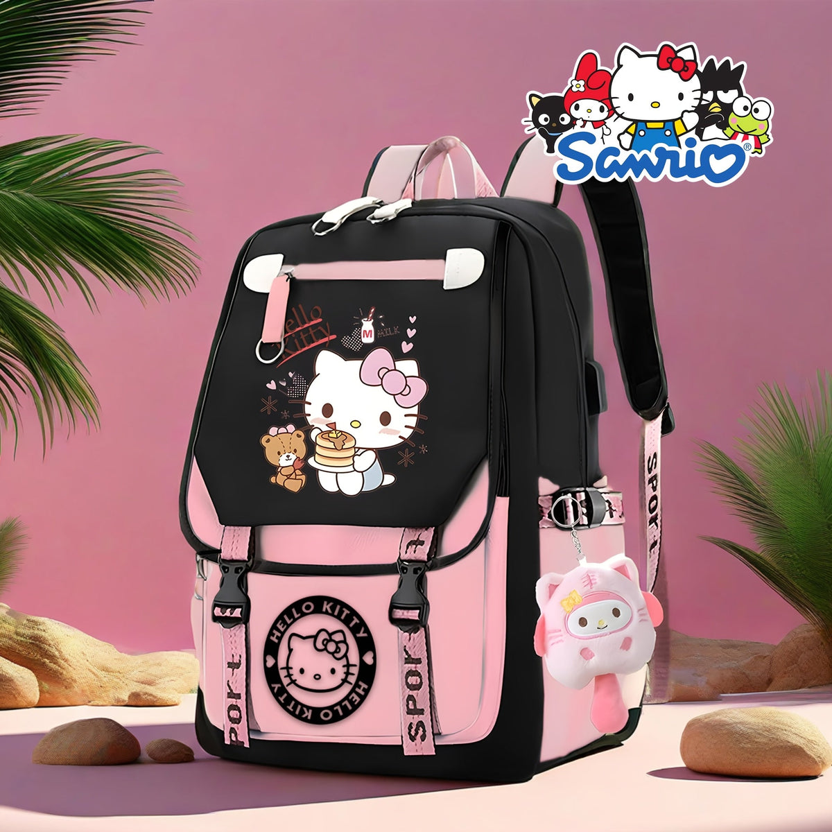 Laptop Backpack with Kawaii Kitty Print, Large School Storage, Pendant and Matching Luggage Tag