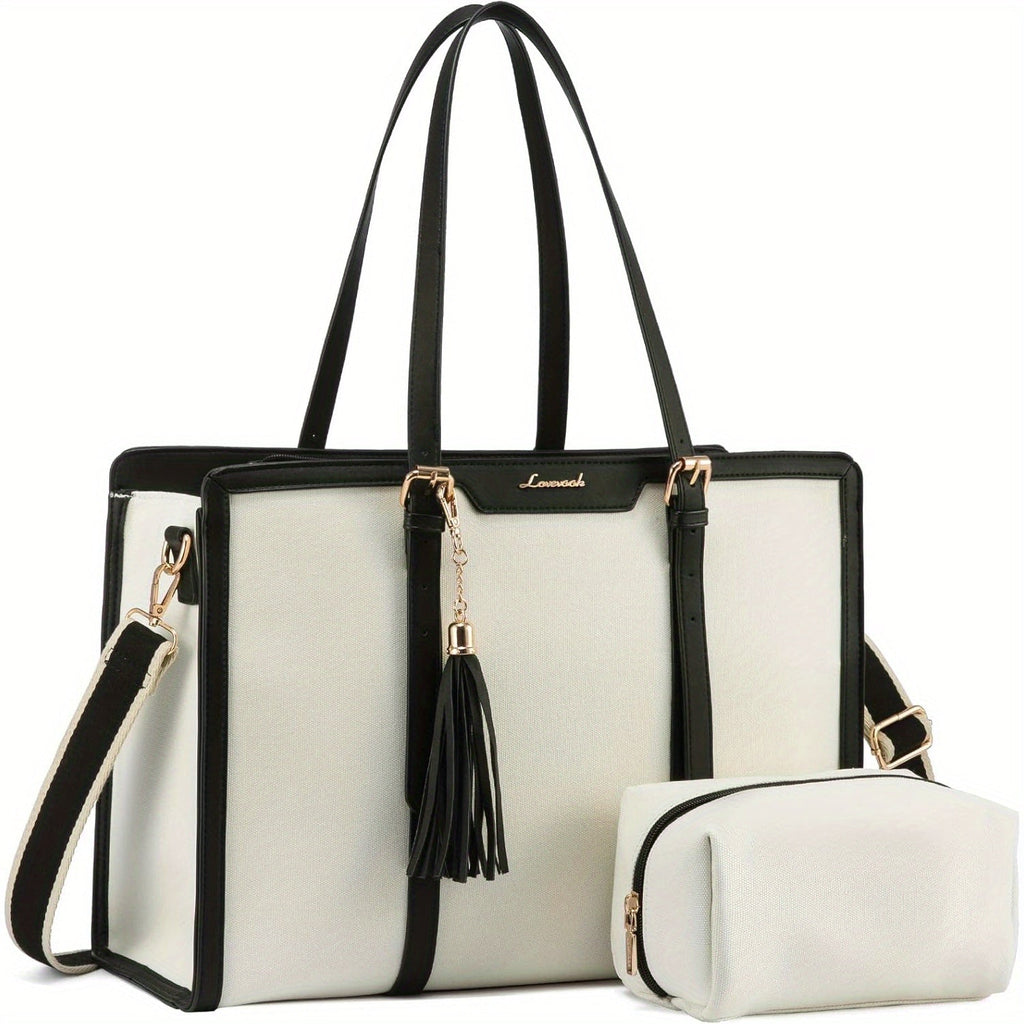 Laptop Bag Canvas Tote for 15.6-Inch Devices with Leather Accents, Adjustable Strap and Clutch