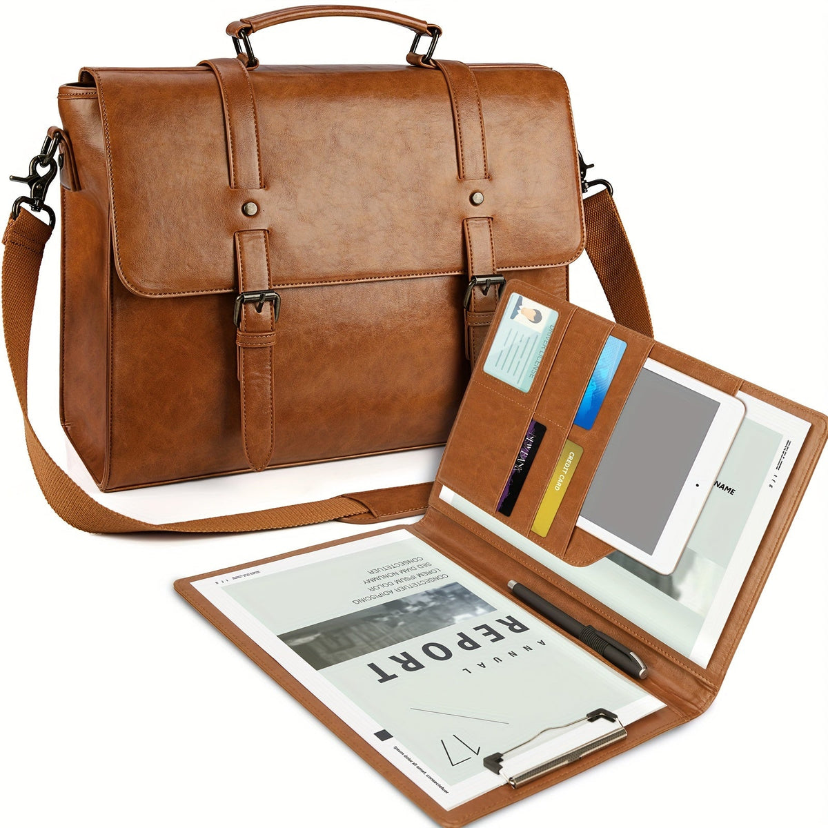 Laptop Bag for 15.6-Inch Devices in Brown PU Leather with Tablet Pocket and Convertible Carry