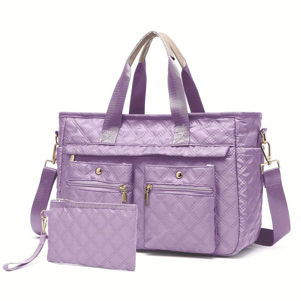 Laptop Bag 2-Piece Quilted Nylon Tote Set with Removable Strap, Zippers & 5 Colors for Work & Travel