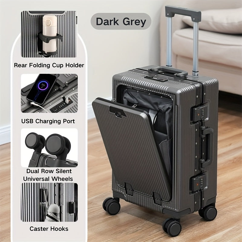 Front-Opening Hardside Spinner Suitcase with USB Port, Cup Holder and 20 or 24-Inch Size Options