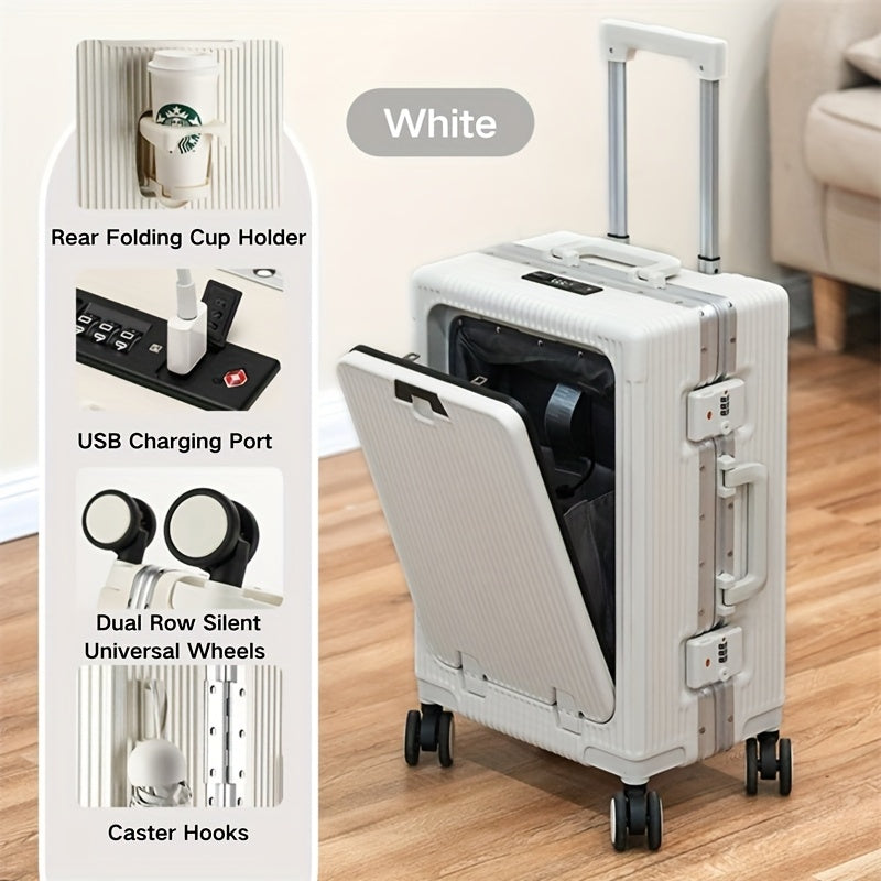 Front-Opening Hardside Spinner Suitcase with USB Port, Cup Holder and 20 or 24-Inch Size Options