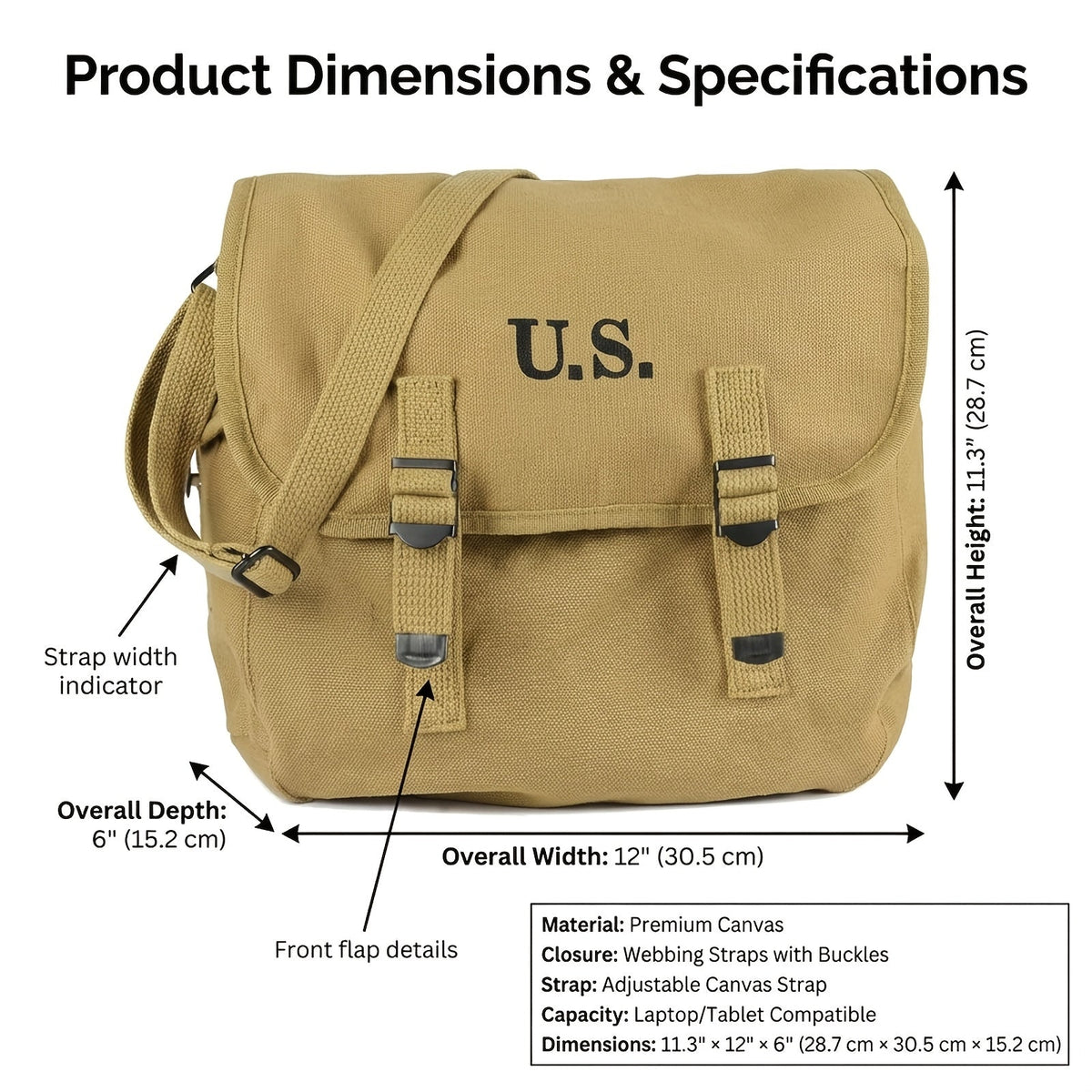 Laptop Bag Canvas Messenger with Buckle Flap, Multi-Pocket Storage and Removable Shoulder Strap