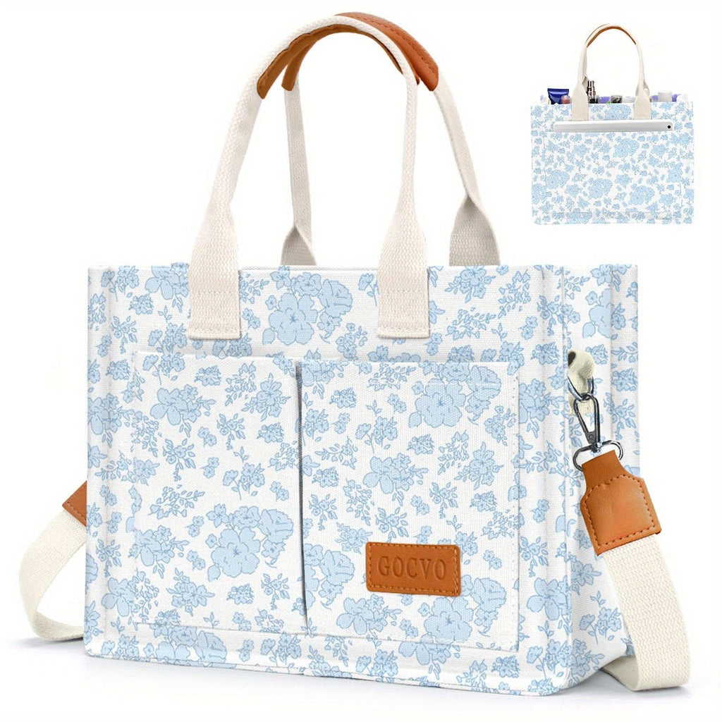 Laptop Bag Canvas Floral Tote with Reinforced Handles, Multi-Pockets & 12 Print Options for Work & Travel