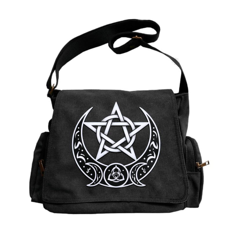 Laptop Bag Messenger with Pentagram Moon-Phase Print, Large Vintage Flap and 2 Color Options