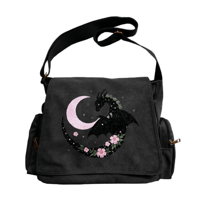 Laptop Bag Large Dragon and Moon Messenger with Cherry Blossom Art and Flip-Top Storage for Travel