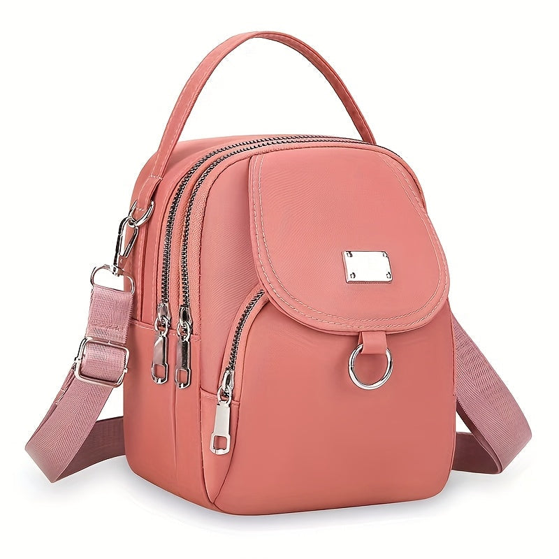 Mini Nylon Multi-Zip Messenger Bag with Detachable Adjustable Strap in Dark Pink for Work and Travel