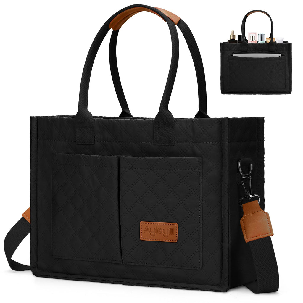 Laptop Bag Large Nylon Multi-Pocket Tote with Removable Shoulder Strap & 3 Neutral Colors for Work & Travel