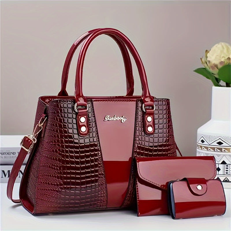 Laptop Bag Tote in Crocodile-Embossed PU Leather with Zipper Storage, Adjustable Strap and 7 Colors