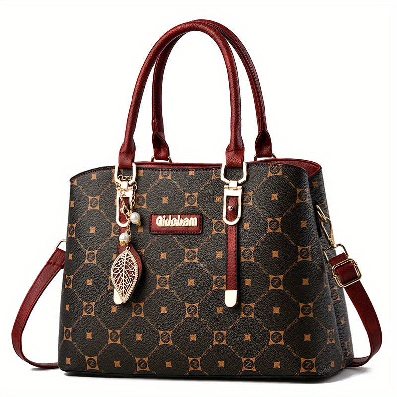 Plaid PU Leather Messenger Tote with Zipper Closure and Three Color Combinations for Work and Travel