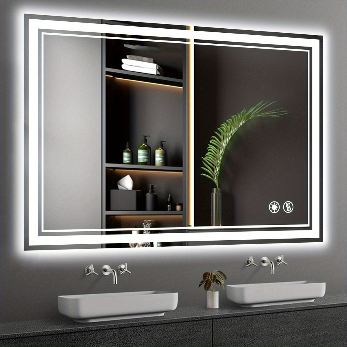 Wide Rectangular LED Bathroom Mirror in Four Size Checkouts with Perimeter Light and Twin Touch Icons