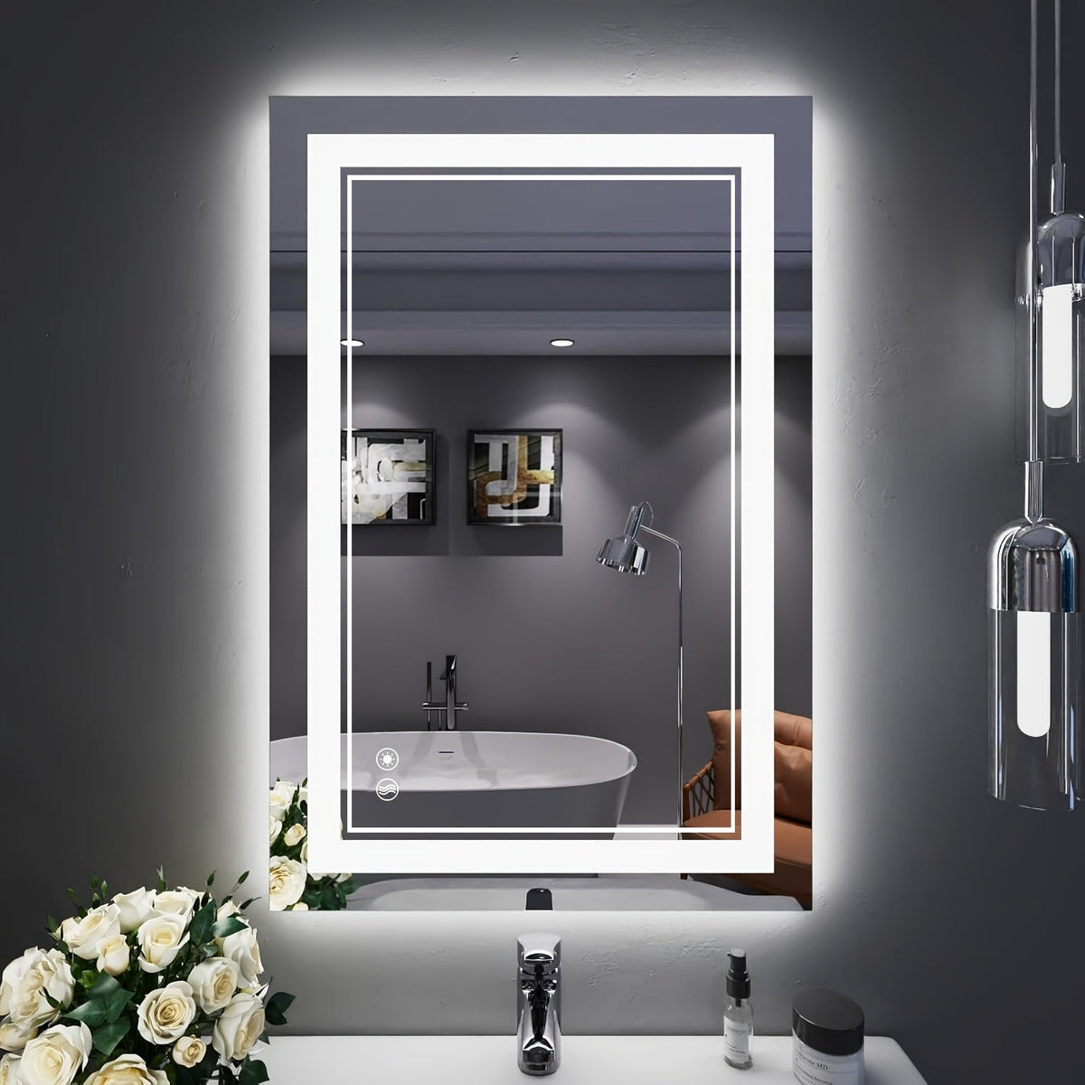 Rectangular LED Bathroom Mirror in Four Size and Pack Checkouts with Lit Perimeter Border and Touch Icons