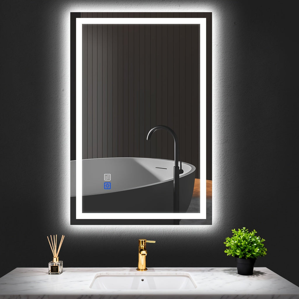 Rectangular LED Bathroom Mirror in Three Horizontal or Vertical Size Options with Twin Touch Icons