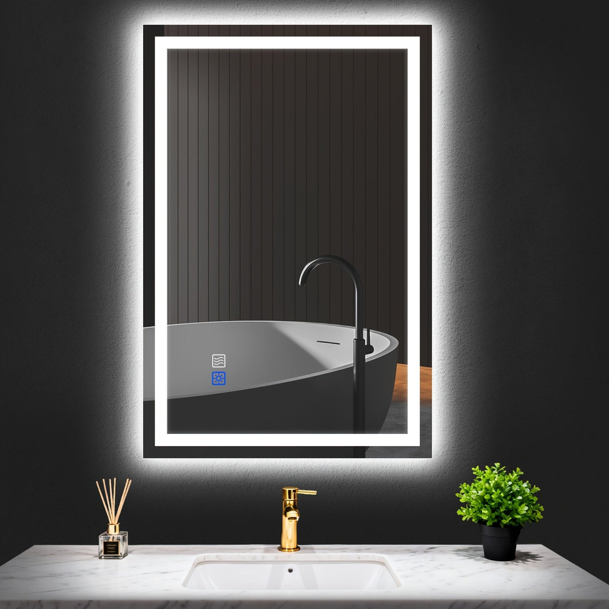 Rectangular LED Bathroom Mirror in Three Horizontal or Vertical Size Options with Twin Touch Icons