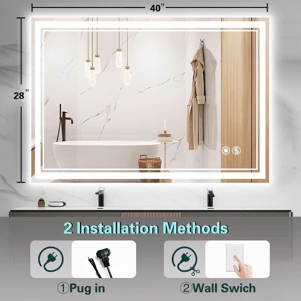 Rectangular LED Bathroom Mirror in Four Horizontal or Vertical Size Options with Perimeter Lighting