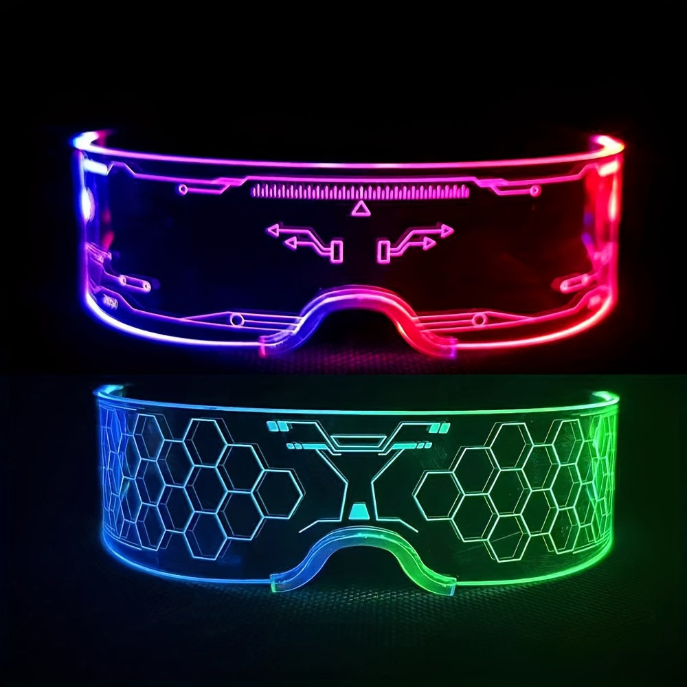 LED Party Glasses – LED Light Up Glasses 2 Pack Adults 7 Colors 4 Modes – Futuristic Honeycomb Visor Rave