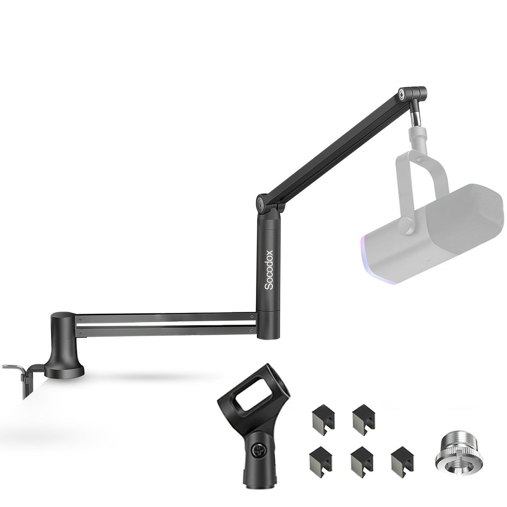Low-Profile Microphone Boom Arm with 45cm and 27.9cm Sections, Desk Clamp, Cable Guides and Black or White Finish