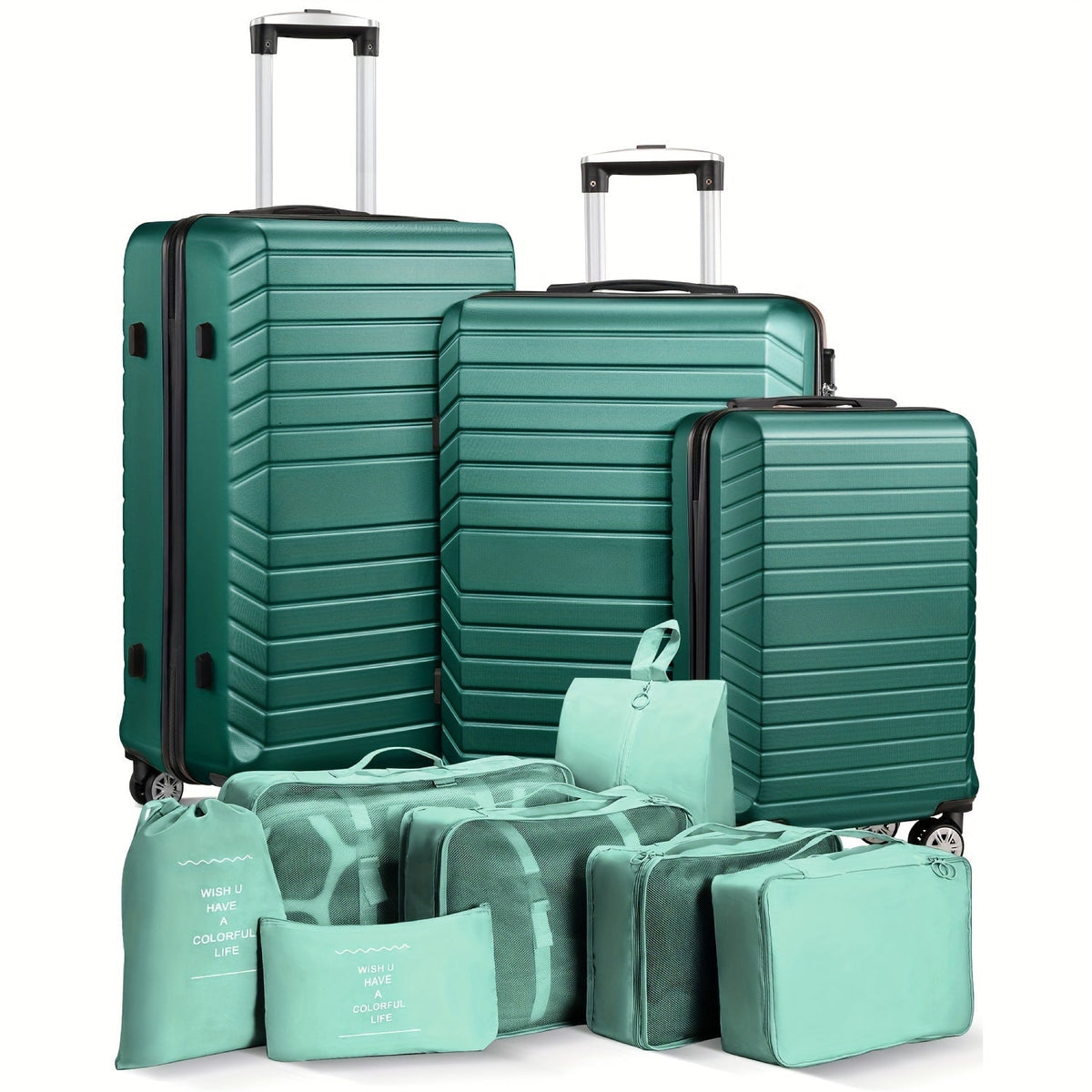 Luggage Set 10-Piece Extra-Thick ABS Hardshell with Organizer Bags, Combination Lock & Double Spinners