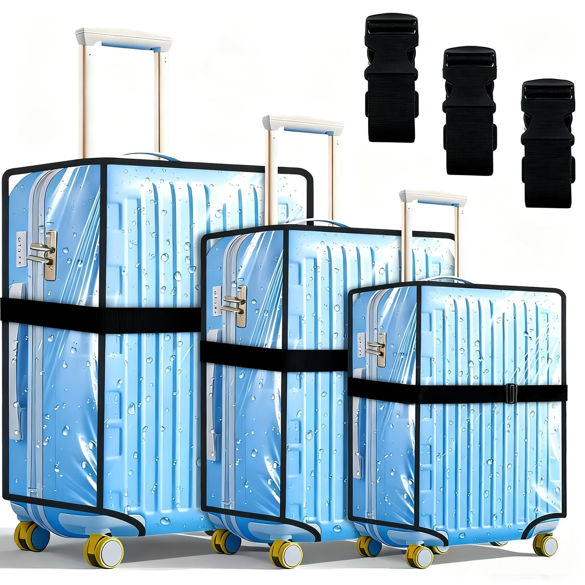 Clear Suitcase Cover and Strap Set with Three of Each with the Listed Color, Size or Set Options for Everyday Carry