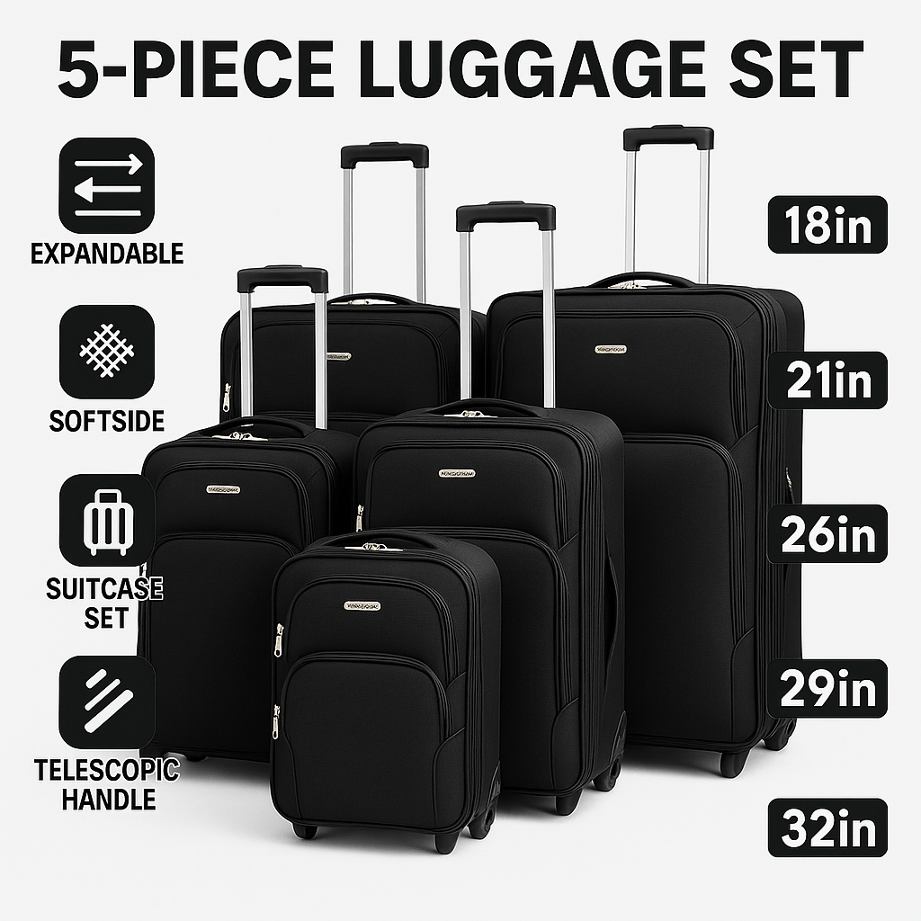 Luggage Set 5-Piece Expandable Softside Collection with 18/21/26/29/32 Inch Bags & Inline Wheels