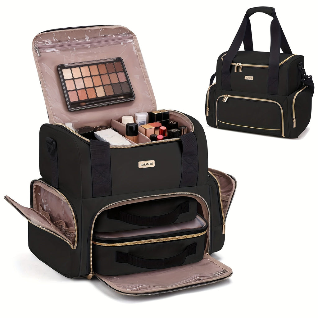 Makeup Bag Double-Layer Travel Organizer with Two Zip Compartments for Travel, Vanity and Everyday Beauty Storage