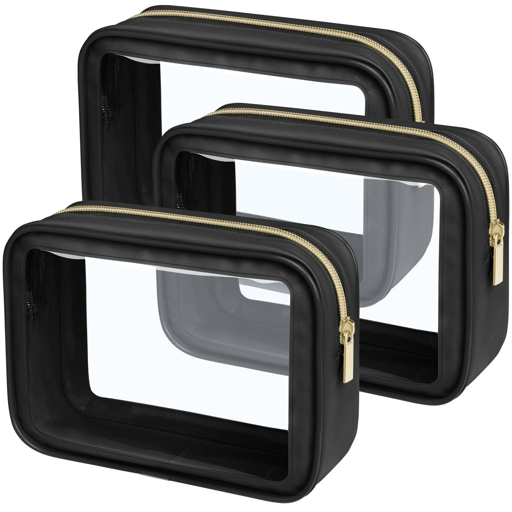 Makeup Bag Three-Piece Clear PVC Zipper Bag Set in Five Trim Colors for Travel, Vanity and Everyday Beauty Storage