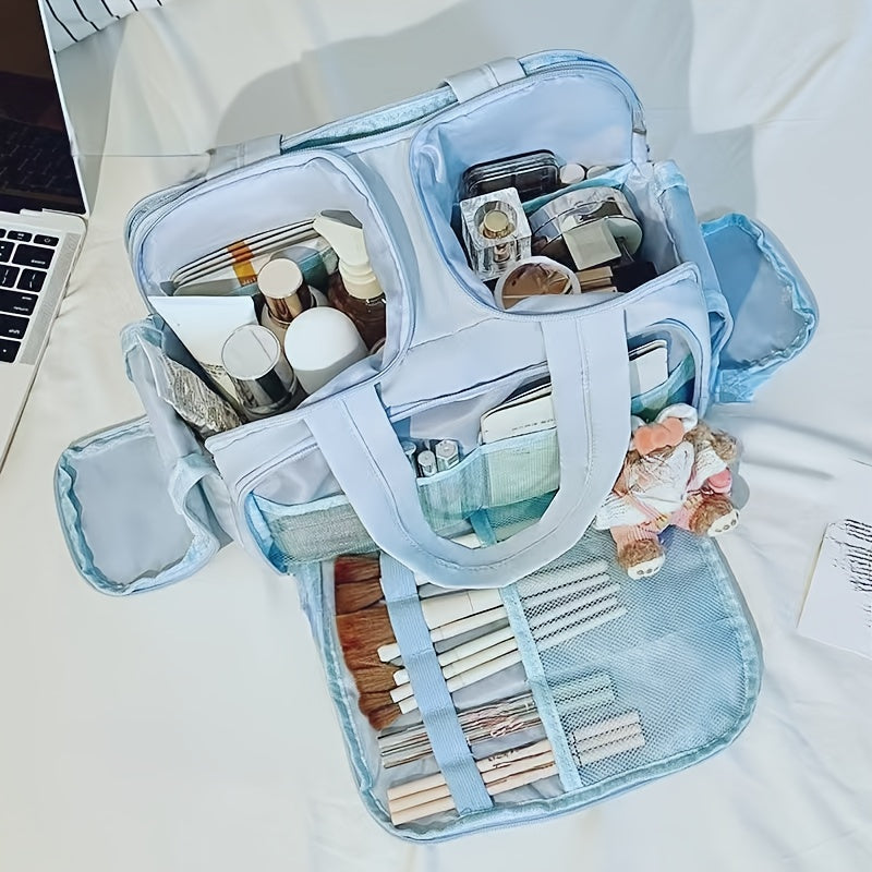 Makeup Bag Freestanding Nylon Travel Organizer in Blue or Black for Travel, Vanity and Everyday Beauty Storage