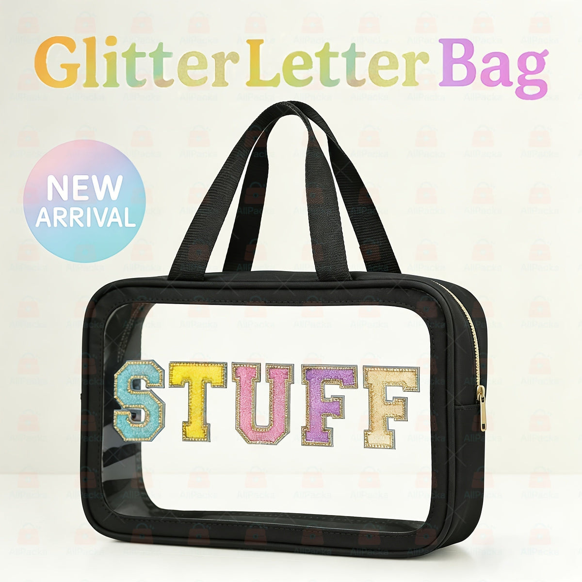 Makeup Bag Black PVC Handled Cosmetic Pouch with Embroidered Lettering for Travel, Vanity and Everyday Beauty Storage